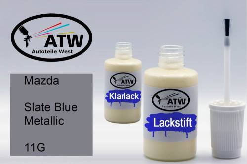 Mazda, Slate Blue Metallic, 11G: 20ml Lackstift + 20ml Klarlack - Set, von ATW Autoteile West.